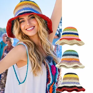 Handmade Woven Rainbow Striped Sun Hat Women Summer Beach Foldable Breathable Wide Brim Bucket Hat Bohemian Style