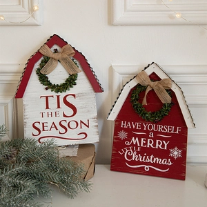 Christmas Wooden Hanging Plaque Sign With Metal Roof Burlap Bow Artificial Wreath Wall Door Decor Festive Home Ornament