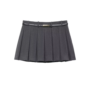 Women Pleated Mini Skort With Belt Polyester Preppy Academy Style Low Waist Short Skirt Gray