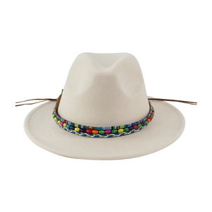Beige wool fedora hat with colorful bohemian beads and braided decorative band
