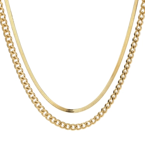 18K gold double layer stainless steel Cuban link chain and flat snake necklace set