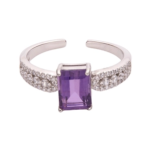 S925 sterling silver open ring featuring a rectangular purple amethyst and crystal accents