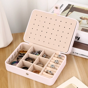 Pink PU leather double-layer jewelry box with compartments for rings and earrings