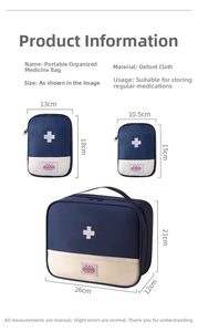 Size comparison chart for portable Oxford fabric first aid kits in small, medium, and large