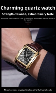Men's square quartz watch with gold case, brown leather strap and Roman numerals