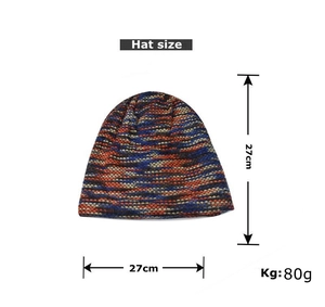 Size diagram of colorful knit beanie hat showing 27cm height and 27cm width measurements