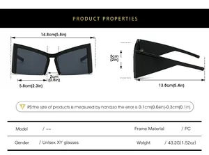Detailed size chart for oversized cat-eye sunglasses with precise frame measurements