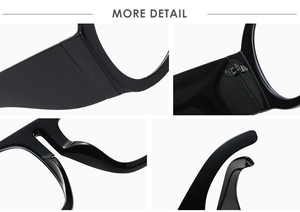 Detailed views of black oversized glasses frames showing durable hinges and polished nose pads