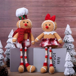 Christmas Gingerbread Man Doll Plush Long Wooden Bead Leg Tabletop Decoration Country Style Festive Plaid Ornament