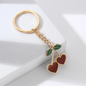 Cute cherry heart keychain with gold metal ring and red glitter charms for bags