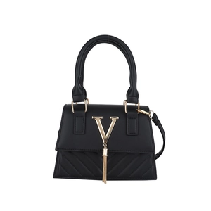 Fashionable black PU leather crossbody bag with V-shaped metal buckle and tassel detail