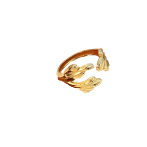 18k gold plated stainless steel open ring featuring a leaf leaf design on white background
