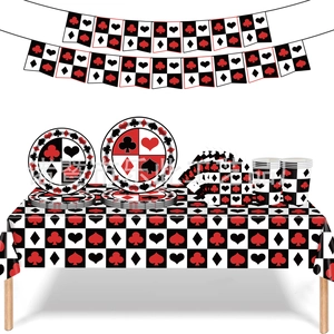 Poker party supplies set with disposable tablecloth, plates, and cups in Las Vegas theme
