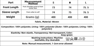 Size chart and fabric details for women's gray green double pocket blazer jacket