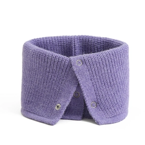 Detail of purple ribbed knit neck warmer featuring three metal snap button closures