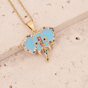 Golden elephant pendant necklace with blue enamel and colorful cubic zirconia inlay
