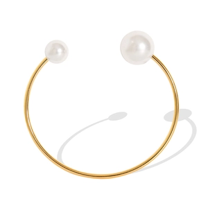 Elegant gold titanium steel open bangle featuring two sizes of imitation pearls for women