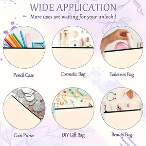 Detail view of cream canvas zipper bag showing various uses like makeup and pencil storage