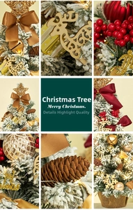 Detail of snowy mini Christmas tree with golden star, red bows, pine cones and light string