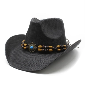 Western Cowboy Strohhut Mit Holzperlen Und Kunsttürkis Breite Krempe Sonnenschutz Böhmischer Retro Strand Reisehut