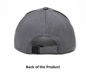 Rear view of breathable grey mesh baseball cap featuring an adjustable black plastic buckle