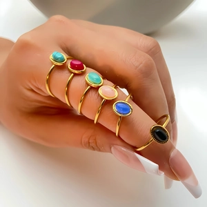 Verstellbarer Offener Ring Ovaler Naturstein Edelstahl 18K Vergoldet Wasserdicht Minimalistisch Vintage Schmuck Für Damen