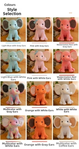 Grid view showcasing a variety of colorful baby elephant plush toys on a wooden table