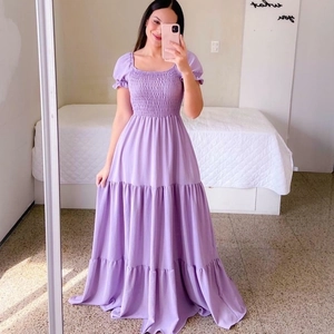 Lavender purple off-shoulder maxi dress with puff sleeves and tiered smocked design