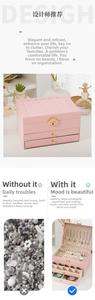 Three-layer pink leather jewelry box featuring gold lock and multi-tier storage design