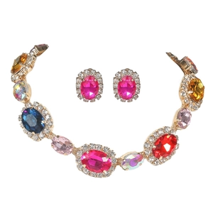 Elegant gold-tone bridal jewelry set featuring colorful oval rhinestones and crystals