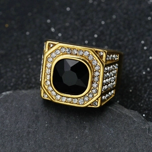 Men's 316 stainless steel ring with black gemstone and clear zircon accents