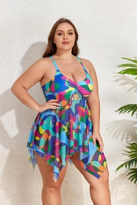 Plus Size Badeanzug Detail mit bunten Geometriemustern und Tunnelzug-Netzrock