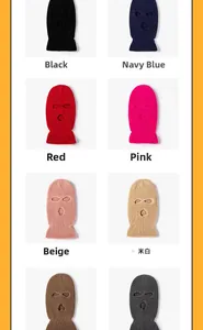 Detailed grid showing 3-hole knit balaclavas in black, navy, red, pink, and beige