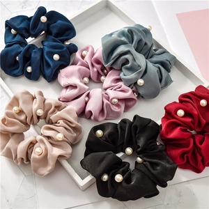 Elegant Faux Artificial Pearl Satin Scrunchies High Elastic Pleated Hair Ties For Women