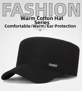 Close-up of black warm cotton military flat cap with ear flaps and metal side detail