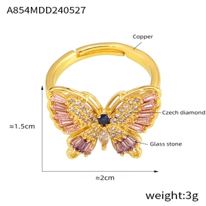Detail view of butterfly ring dimensions 1.5x2cm with pink and blue stones on copper