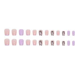 Short ballet press-on nails set featuring aurora glitter and purple butterfly designs