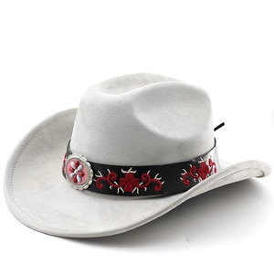 Detail of light gray suede cowboy hat with embroidered belt and vintage red stone buckle