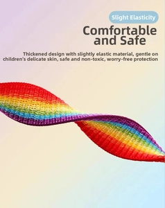 Detail of colorful rainbow nylon watch strap with thick elastic woven texture for kids