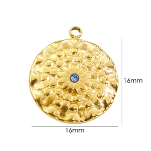 French style 14K gold plated hammered flower charm with blue crystal, 16mm DIY pendant
