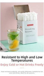 Individually wrapped white flexible straws in a branded box for hot and cold drinks