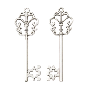 Pair of vintage silver alloy hollow crown key pendants for DIY jewelry making and crafts