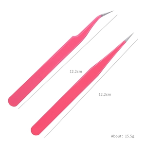 Pink stainless steel nail art tweezers set with straight and curved tips for rhinestones