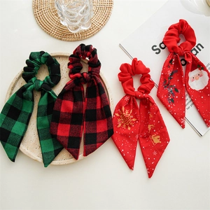Christmas Hair Scrunchies Long Streamer Bow Elastic Fabric Hair Ties Holiday Plaid Santa Snowman Patterns Women Accessories