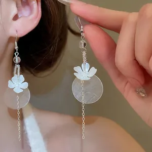 Long Tassel Dangle Earrings With White Flower Shell Round Disc And Silver Earring Post Elegant Flower Jewelry For Women