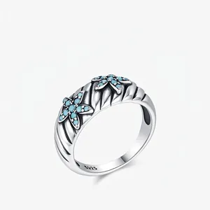 Starfish Ring 925 Sterling Silver Vintage Oxidized Synthetic Turquoise Marine Style Fashion Jewelry For Women