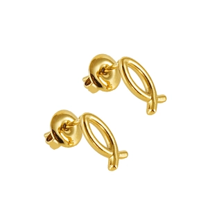 Pair of minimalist 18K gold plated stainless steel Ichthys fish stud earrings on white background