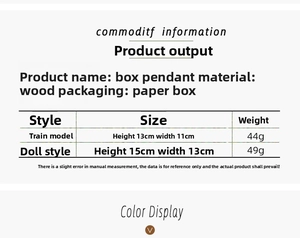 Detailed size specifications for wooden Christmas train and doll pendant box ornaments