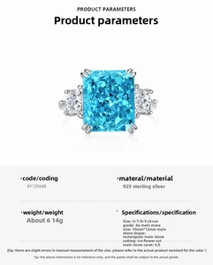 Detail showing technical parameters of the S925 sterling silver ring with blue zircon