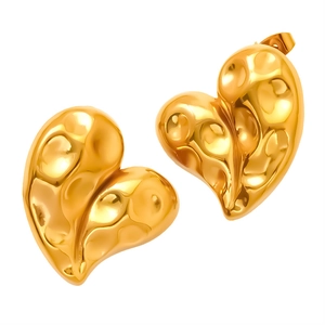 Lustrous 18k gold plated stainless steel heart stud earrings with a textured molten lava finish